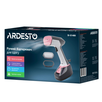 Відпарювач ARDESTO ручний SI-S1400, 1400Вт, 280мл, паровий удар, постійна пара<br>- 22гр, керам. підошва, біло-чорний Відпарювач ARDESTO ручний SI-S1400, 1400Вт, 280мл, паровий удар, постійна пара<br>- 22гр, керам. підошва, біло-чорний