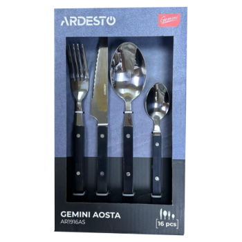 Набір столових приборів Ardesto Gemini Aosta, 16 приборів, нержавіюча сталь, пластик, чорний Набір столових приборів Ardesto Gemini Aosta, 16 приборів, нержавіюча сталь, пластик, чорний