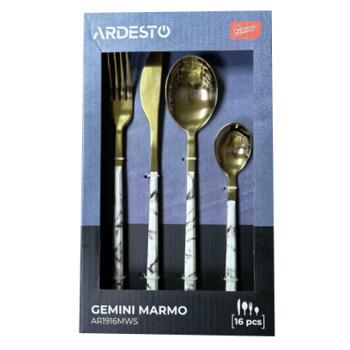 Набір столових приборів Ardesto Gemini Marmo, 16 приборів, нержавіюча сталь, пластик, золотисто-білий Набір столових приборів Ardesto Gemini Marmo, 16 приборів, нержавіюча сталь, пластик, золотисто-білий