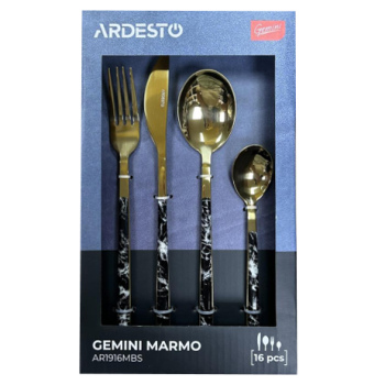 Набір столових приборів Ardesto Gemini Marmo, 16 приборів, нержавіюча сталь, пластик, золотисто-чорний Набір столових приборів Ardesto Gemini Marmo, 16 приборів, нержавіюча сталь, пластик, золотисто-чорний