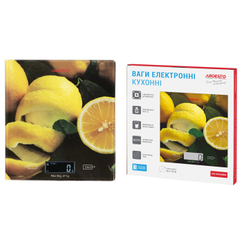 Ваги ARDESTO кухонні Lemon, 5кг, AAAx2 в комплекті, скло, багатокольоровий Ваги ARDESTO кухонні Lemon, 5кг, AAAx2 в комплекті, скло, багатокольоровий