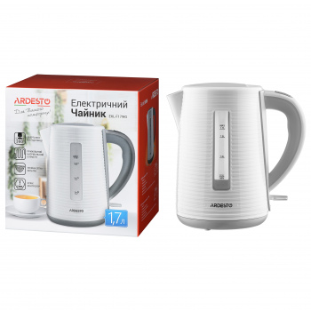 Електрочайник ARDESTO White stripes 1.7л, Strix, пластик, біло-сірий Електрочайник ARDESTO White stripes 1.7л, Strix, пластик, біло-сірий