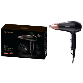 Фен ARDESTO HD-Y120T, дорожній, 1200Вт, складна ручка, 2 швидкості, 2 темп. режими, чорний Фен ARDESTO HD-Y120T, дорожній, 1200Вт, складна ручка, 2 швидкості, 2 темп. режими, чорний