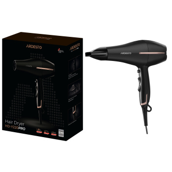 Фен Ardesto HD-Y220PRO, 1850-2200Вт, 2 швидкості, 3 темп.режими, дифузор,чорний+золото Фен Ardesto HD-Y220PRO, 1850-2200Вт, 2 швидкості, 3 темп.режими, дифузор,чорний+золото